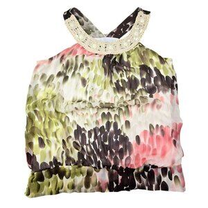 Womens Beaded Neckline Halter Top Size XL Green Pink Brown Watercolor JH1826